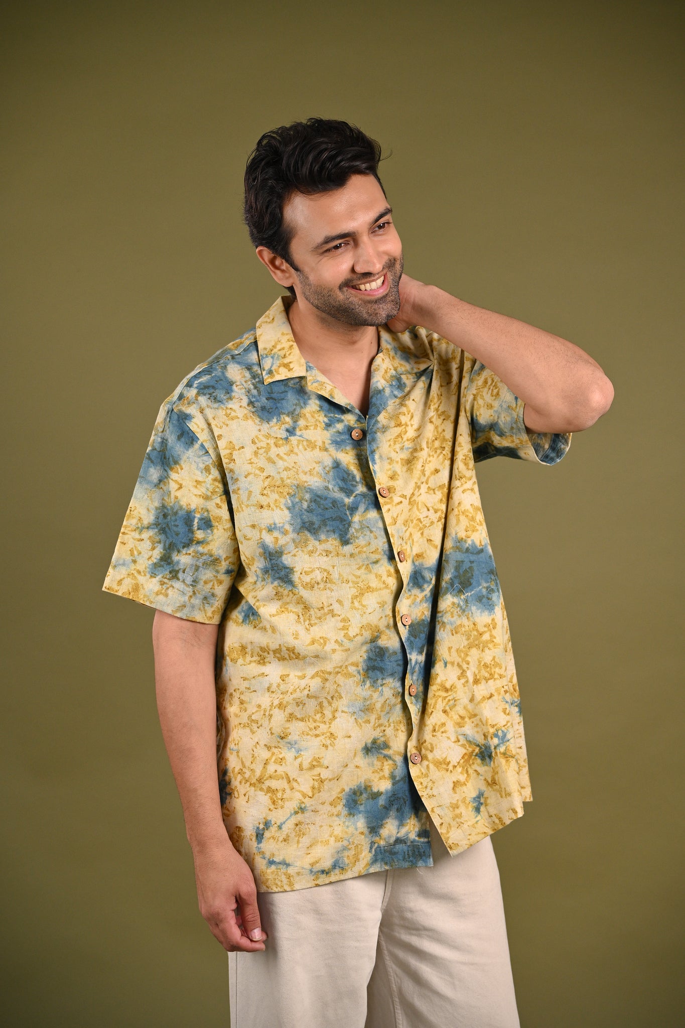 Aayah Shirt – Handwoven Kala Cotton shirt, eco-printed with Indigo and marigold petals for a naturally elegant and sustainable design.