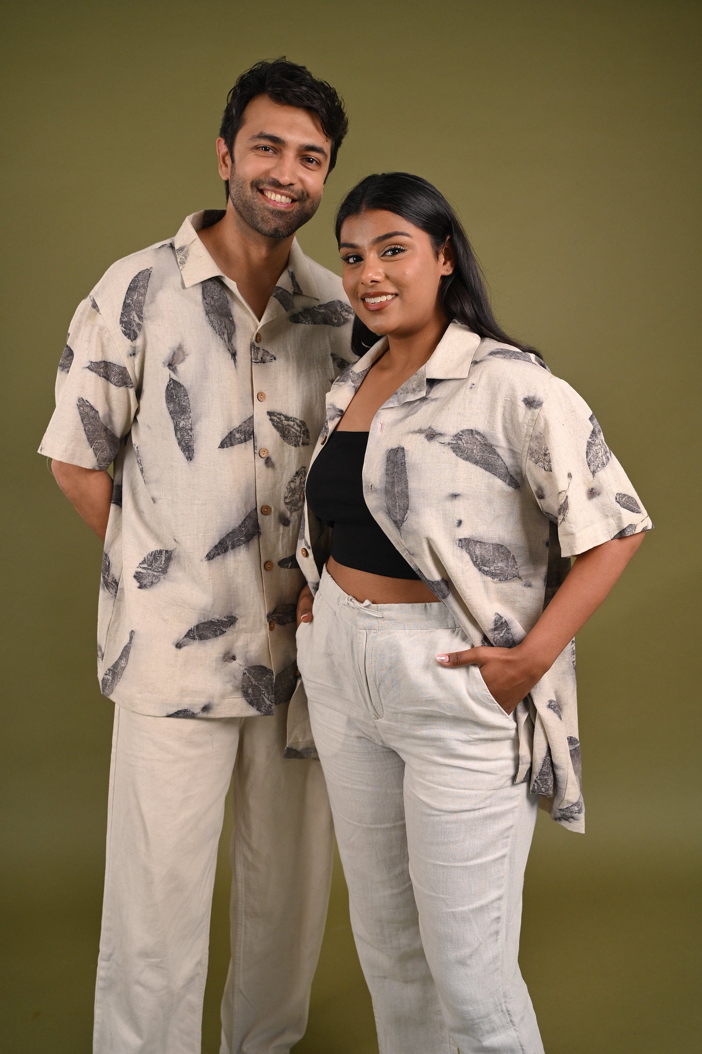 Emma Shirt – Gender-inclusive handspun, handwoven cotton shirt, delicately eco-printed with eucalyptus leaves for a unique, nature-inspired design.