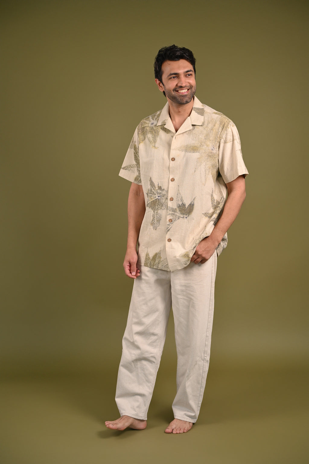 Model wearing the Gia Shirt, highlighting its relaxed fit and organic eco-print patterns, perfect for effortless, everyday elegance.