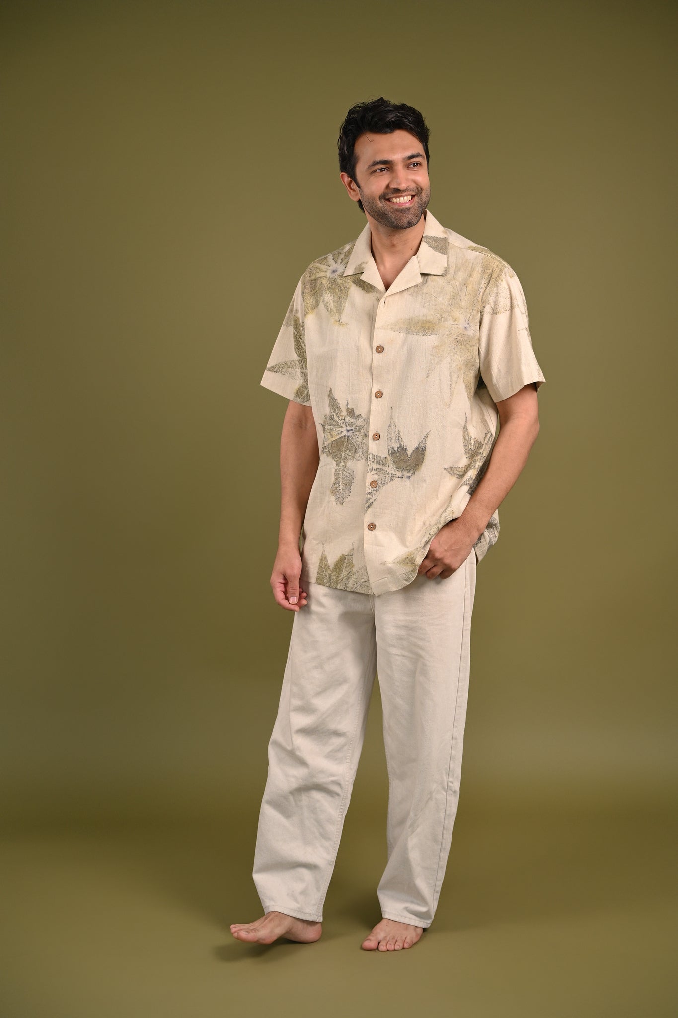 Model wearing the Gia Shirt, highlighting its relaxed fit and organic eco-print patterns, perfect for effortless, everyday elegance.