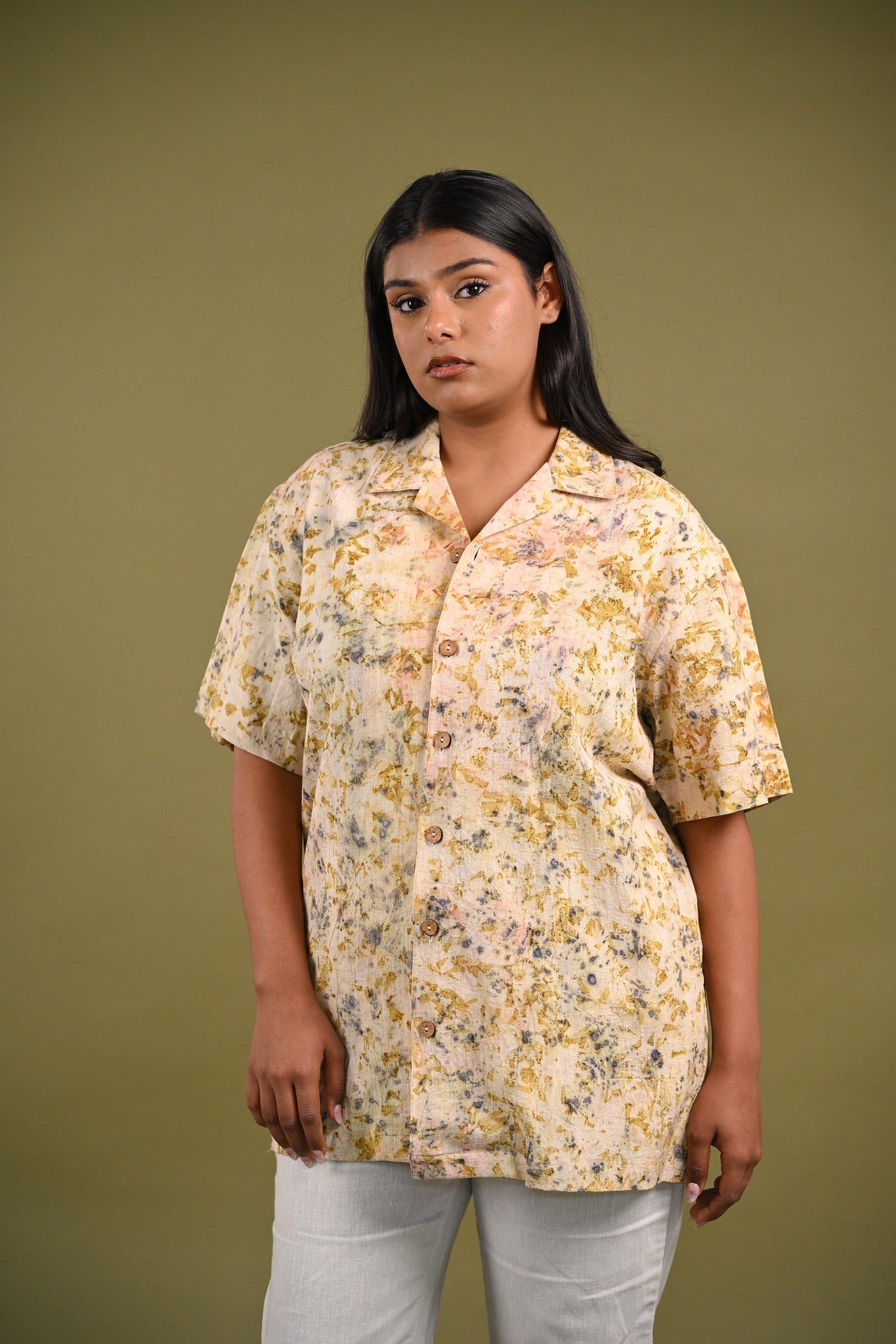 Iris Shirt – Handwoven Kala Cotton shirt, eco-printed with madder root, rose petals, and marigold petals for a naturally elegant and artistic design.