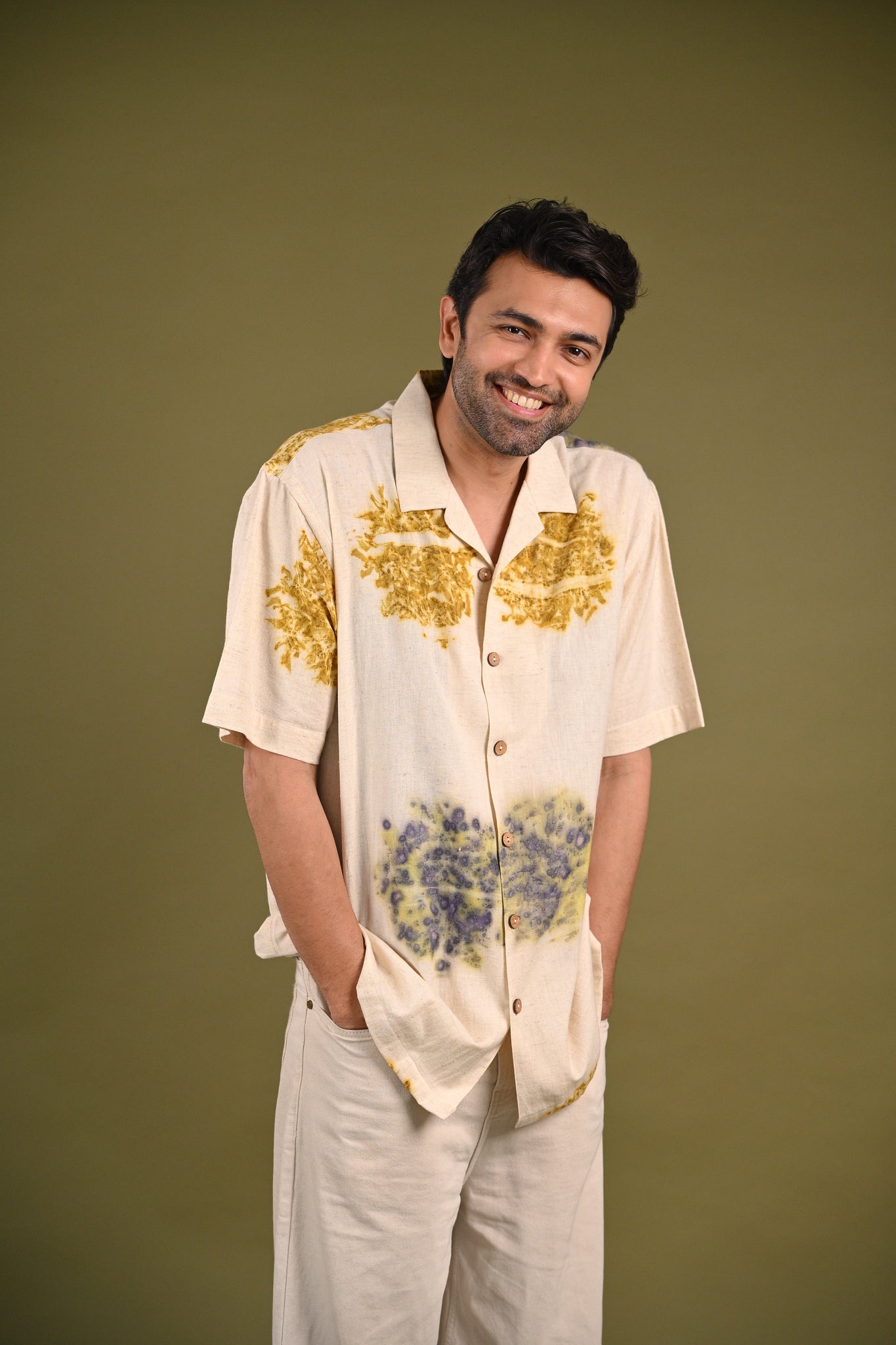 Ehsal Shirt – Gender-inclusive handspun, handwoven cotton shirt, eco-printed with marigold and rose petals in a harmonious circular pattern, celebrating natural artistry.