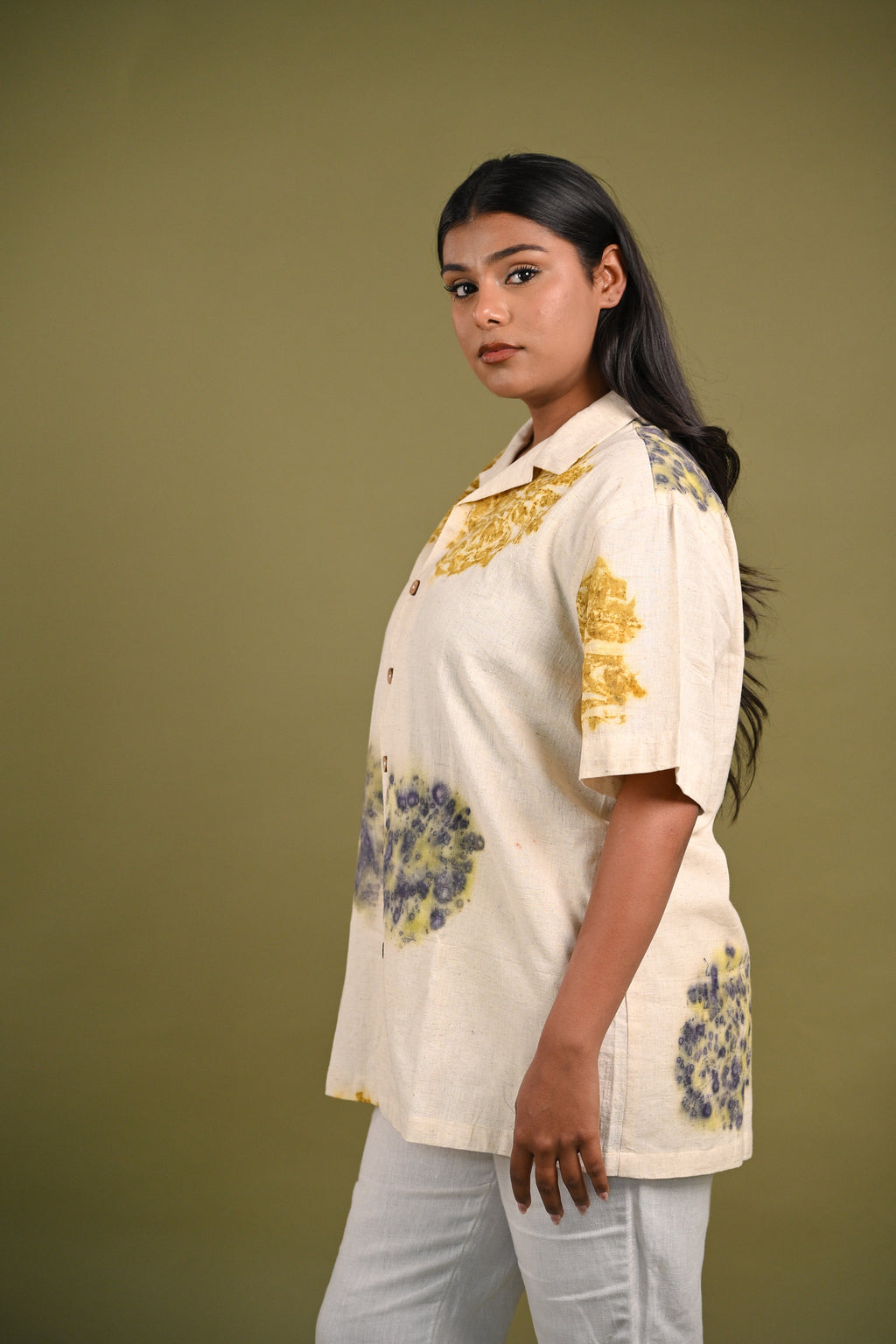 Model wearing the Ehsal Shirt, highlighting its relaxed fit and intricate circular eco-print patterns, a perfect blend of sustainability and craftsmanship.