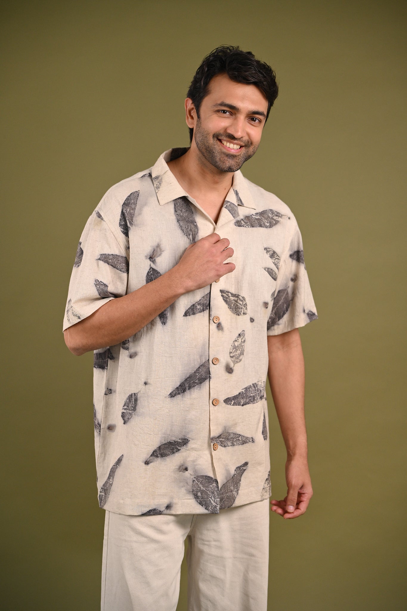 Model wearing the Emma Shirt, highlighting its relaxed fit and subtle eucalyptus eco-print patterns, perfect for effortless, conscious dressing.