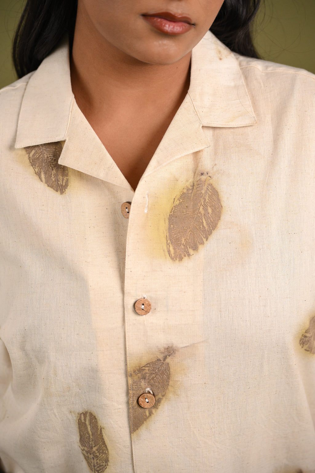 Close-up of eco-printed guava leaf patterns on the Peru Shirt, highlighting its organic texture.